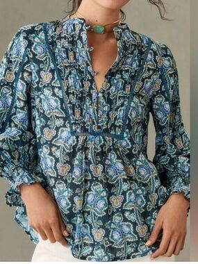 BOGO! Anthropologie Cotton Pintuck Peasant Blouse Blue Floral Motif XXS